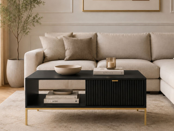 Couchtisch mit Stauraum Amber Schwarz, Gold Frame