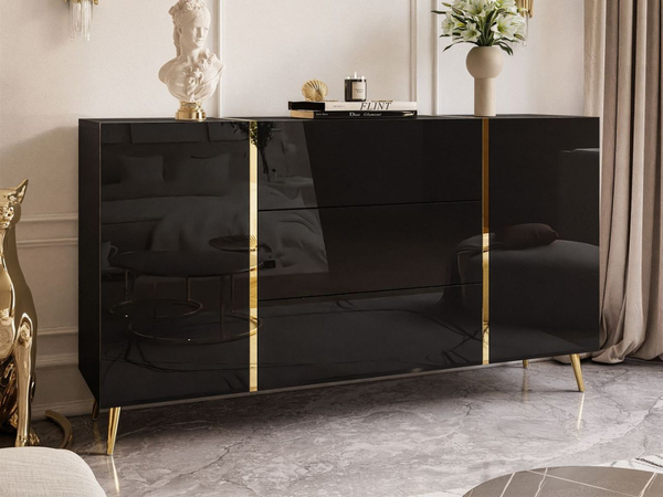 Wohnzimmer-Set im Glamour-Stil auf Beinen Lunelie Schwarz Hochglanz
