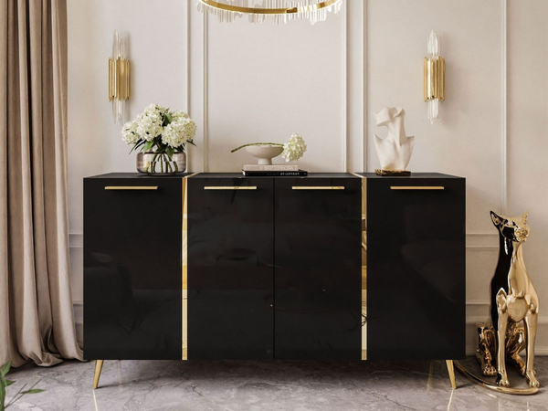 Viertürige Kommode 158 cm Glamour-Stil mit goldenen Griffen und Beinen Lunelie Schwarzglanz