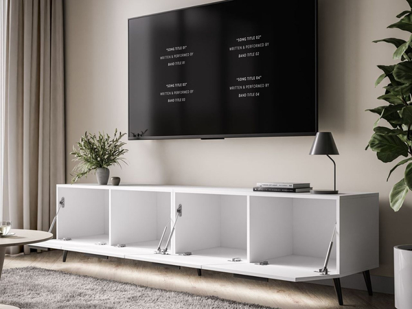 TV-Lowboard mit Türen und LED-Beleuchtung auf Schwarzen Metallbeinen 200 cm Noaé Weiß Hochglanz
