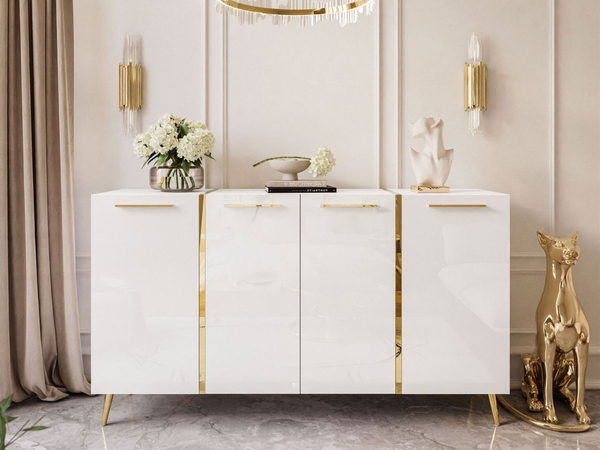 Viertürige Kommode 158 cm Glamour-Stil mit goldenen Griffen und Beinen Lunelie Weißglanz