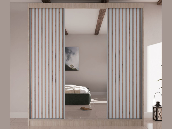 Schiebetürenschrank mit Lamellen und Spiegel 200 cm Lucena Eiche Sonoma, Weiß