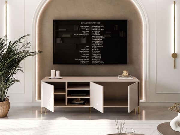 TV-Lowboard im Glamour-Stil mit Türen auf geraden goldenen Füßen Vivance, Kaschmir Hochglanz