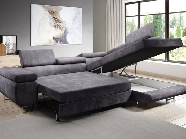 Ecksofa L-Form Rechts mit Schlaffunktion und Bettkasten Solam L Dunkelblau