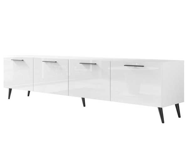 TV-Lowboard mit Türen und LED-Beleuchtung auf Schwarzen Metallbeinen 200 cm Noaé Weiß Hochglanz