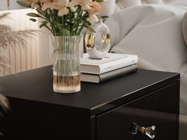 Nachttisch Glamour mit Schublade und goldenem Gestell Brisa Schwarz Hochglanz