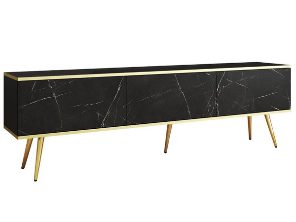 TV-Lowboard mit Türen 175 cm Diolo Schwarzer Marmor mit glatter Front auf goldenen Beinen
