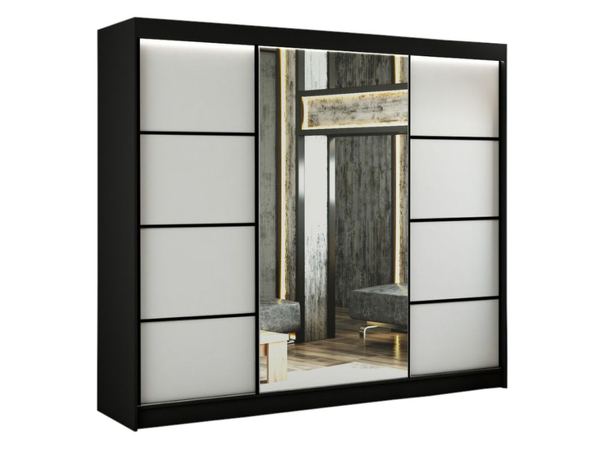 Schiebetürenschrank mit Spiegel 250 cm mit LED-Beleuchtung Portel Weiß, Schwarz