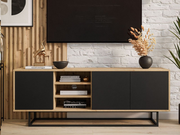 TV-Lowboard mit Türen auf schwarzem Gestell Vivance Schwarz und Artisan Eiche