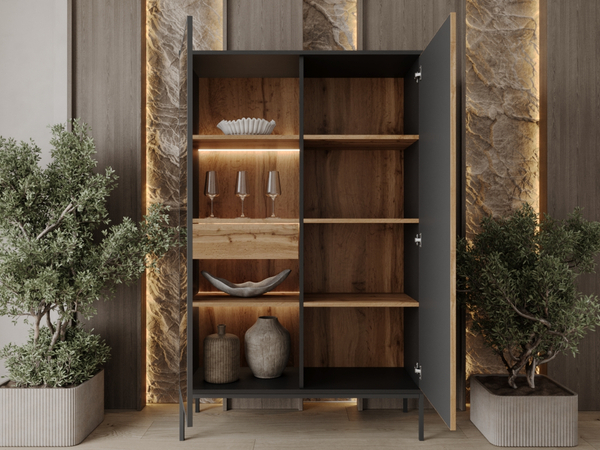 Vitrinenschrank mit Led Deo 166 cm Schwarz, EIche Wotan