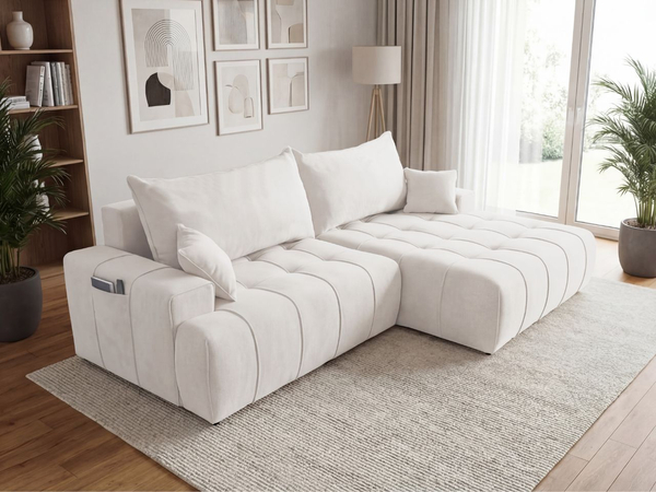 Ecksofa L-Form mit Schlaffunktion und Bettkasten Tulio Rechts Creme