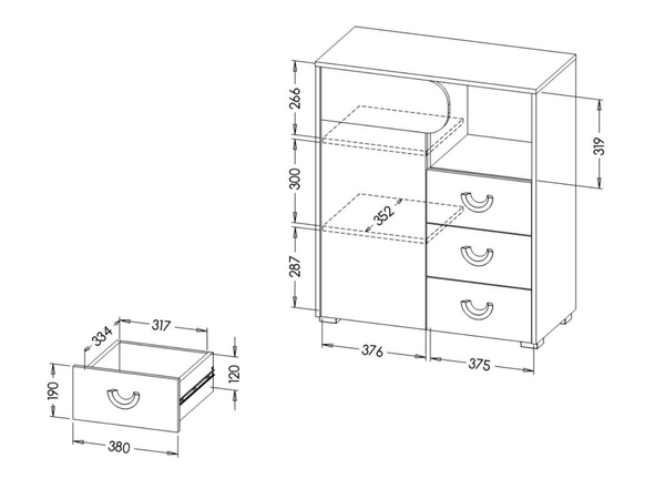 Kommode 80 cm mit Schubladen für ein Jugendzimmer Casa Nash Eiche, Weiß, Grau