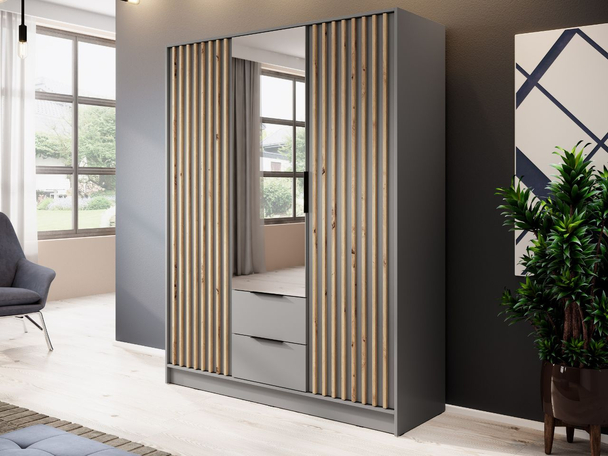 Kleiderschrank mit Spiegel 155 cm Macron Grau, Artisan Eiche