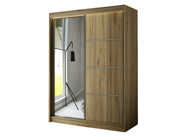 Schiebetürenschrank mit Spiegel 150 cm mit LED-Beleuchtung Portel Handwerk Goldene Eiche
