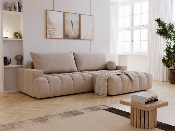Ecksofa L-Form mit Schlaffunktion und Bettkasten Havi Rechts Beige