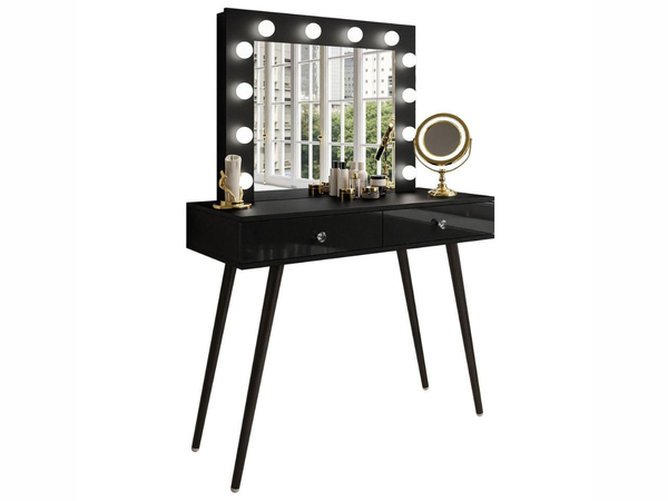 Schminktisch glamour mit Schubladen, Kristallgriffen und LED-Beleuchtung Olivine Schwarz Hochglanz