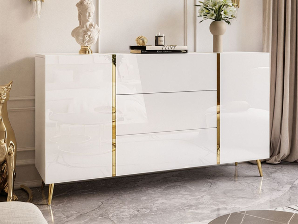 Zweitürige Kommode 158 cm auf goldenen Beinen mit drei Schubladen Lunelie Weißglanz