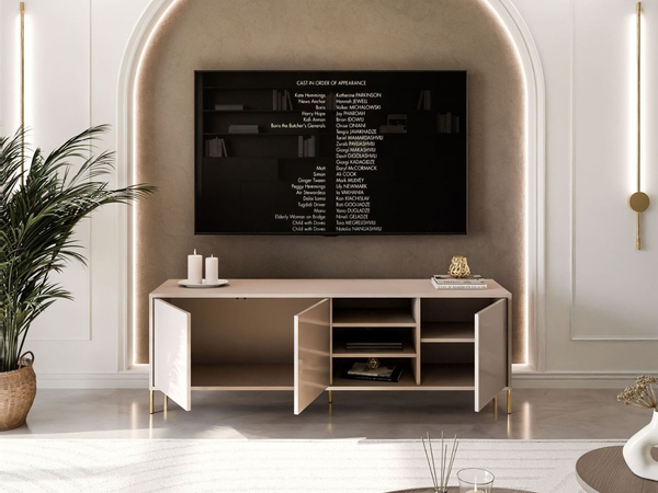 TV-Lowboard im Glamour-Stil mit Türen auf geraden goldenen Füßen Vivance, Kaschmir Hochglanz