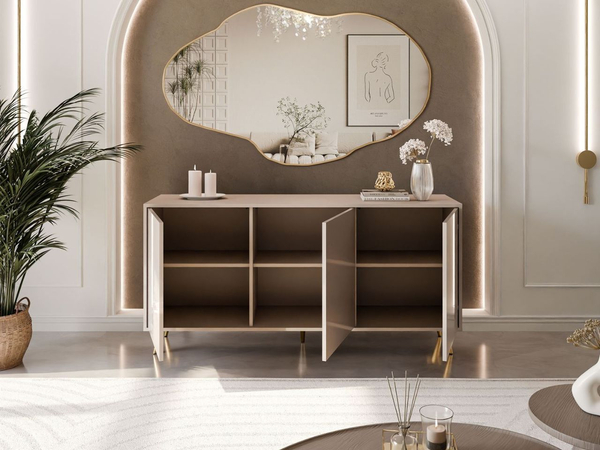 Dreitürige Kommode 154 cm Glamour-Stil auf goldfarbenen Metallbeinen Vivance Kaschmirglanz