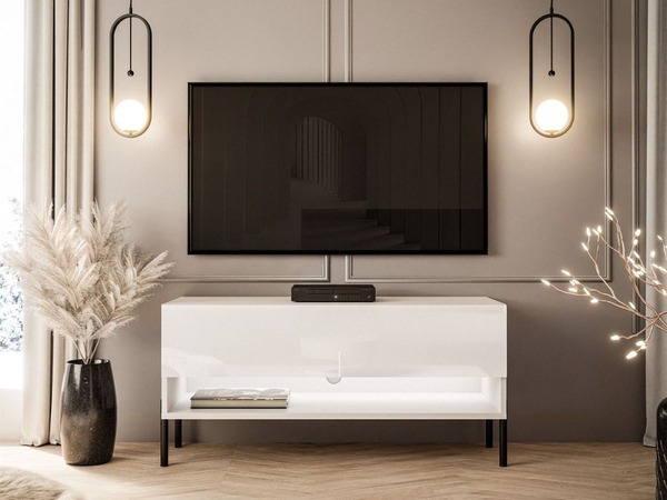 TV-Schrank 90 cm mit LED-Beleuchtung und schwarzen Metallbeinen Aurelie Weiß Hochglanz