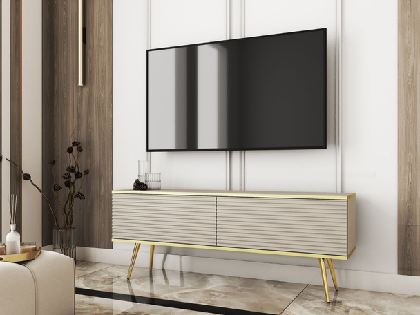 TV-Lowboard mit Türen 135 cm Diolo Beige mit geriffelter Vorderseit auf goldenen Beinen
