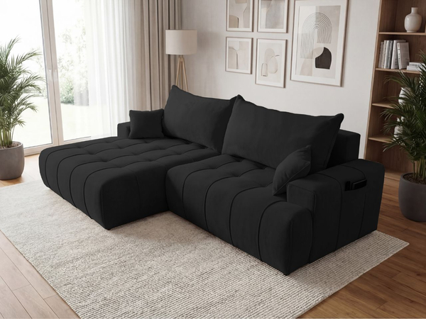 Ecksofa L-Form mit Schlaffunktion und Bettkasten Tulio Links Schwarz