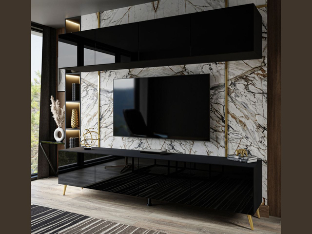 Wohnwand für das Wohnzimmer mit LED-Beleuchtung auf Goldenen Metallbeinen Noaé Schwarz Hochglanz
