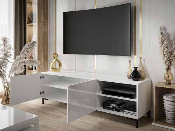 TV-Schrank im Glamour-Stil mit gefrästen Fronten und schwarzen Beinen Vionel Weiß glänzend