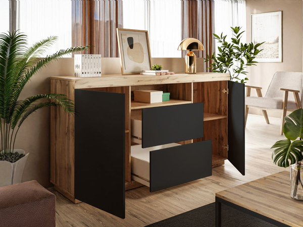 Wohnzimmer-Set – TV-Schrank und Kommode Asumi Schwarz und Eiche Wotan