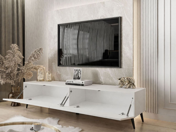 TV-Lowboard mit Türen auf Schwarzen Metallbeinen 175 cm mit LED-Beleuchtung Sorelle Weiß Hochglanz