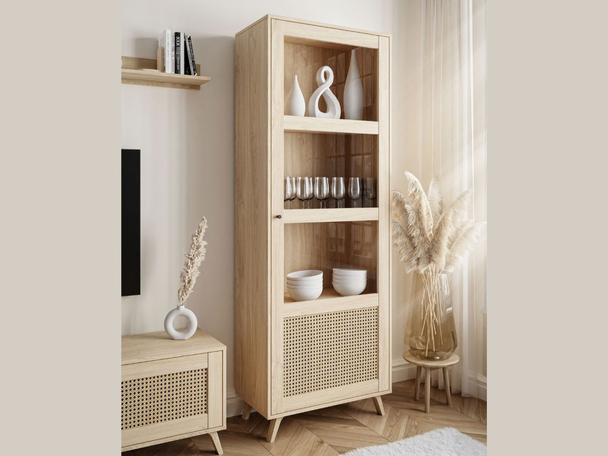 Standvitrine schmale verglasteim Boho-Stil Bellance, Eiche Puccini