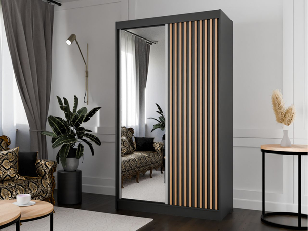 Schiebetürenschrank mit Spiegel und Lamellen 120 cm Loreto Schwarz