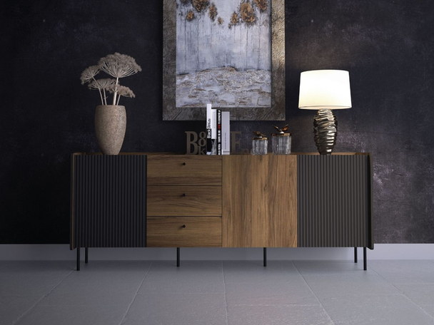 Kommode mit Türen und Schubladen 200 cm Pascale Nussbaum Warmia, Schwarz