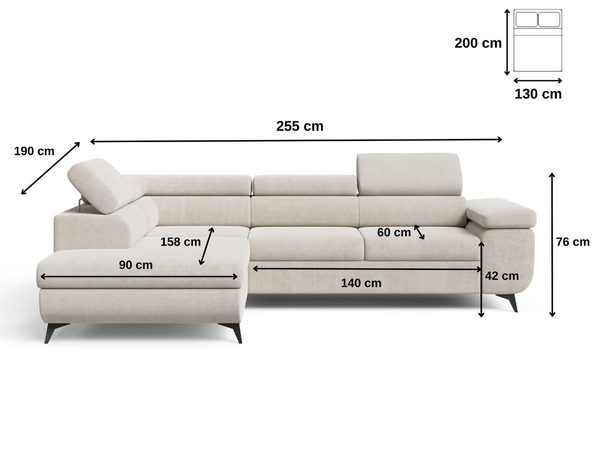 Ecksofa L-Form mit Schlaffunktion und Bettkasten Argon Links Grau