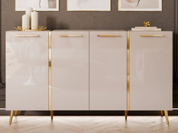 Viertürige Kommode 158 cm Glamour-Stil mit goldenen Griffen und Beinen Lunelie Kaschmirglanz