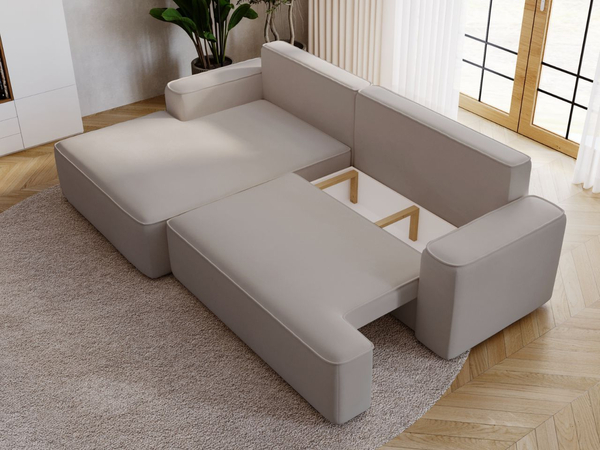 Ecksofa L-Form Links mit Schlaffunktion und Bettkasten California Hellgrau