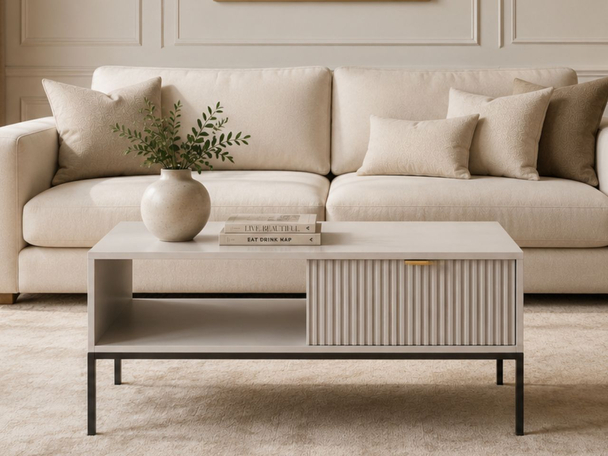 Couchtisch mit Stauraum Amber Grau, Schwarz Frame