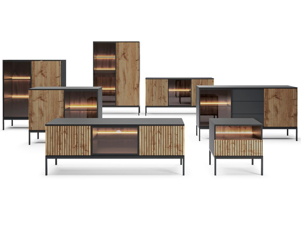 Vitrinenschrank mit Led Deo 126 cm Schwarz, EIche Wotan