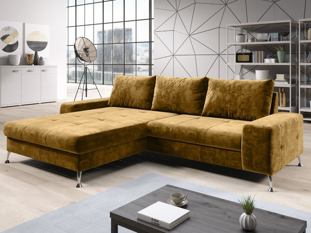 Ecksofa L-Form Links mit Schlaffunktion und Bettkasten Tonny Gelb