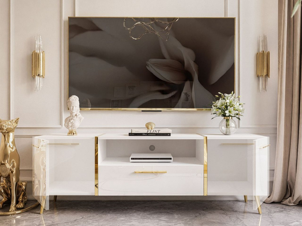 Wohnzimmer-Set mit goldenen Metallbeinen und goldenen Griffen Lunelie Weiß Hochglanz