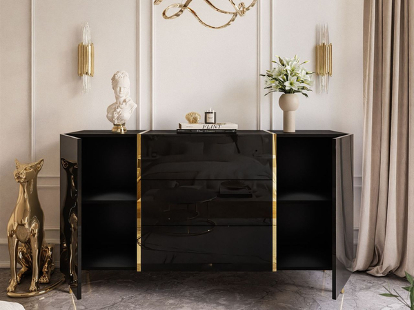 Wohnzimmer-Set im Glamour-Stil auf Beinen Lunelie Schwarz Hochglanz