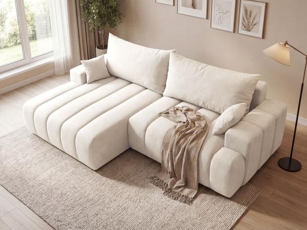 Ecksofa L-Form Links mit Schlaffunktion und Bettkasten Caleo Creme