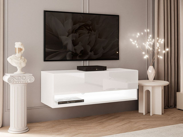 Hänge TV-Schrank 90 cm für Wohnzimmer mit LED-Beleuchtung Aurelie Weiß Hochglanz