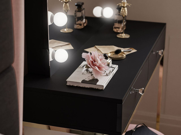 Schminktisch Glamour mit Schubladen, Spiegel und LED-Beleuchtung Brisa Schwarz Hochglanz