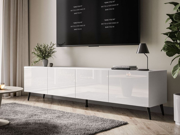 TV-Lowboard mit Türen auf Schwarzen Metallbeinen 200 cm Nodoo Weiß Hochglanz