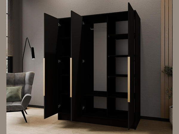 Kleiderschrank mit Spiegel 150 cm Lucca Schwarz mit goldenen Griffen