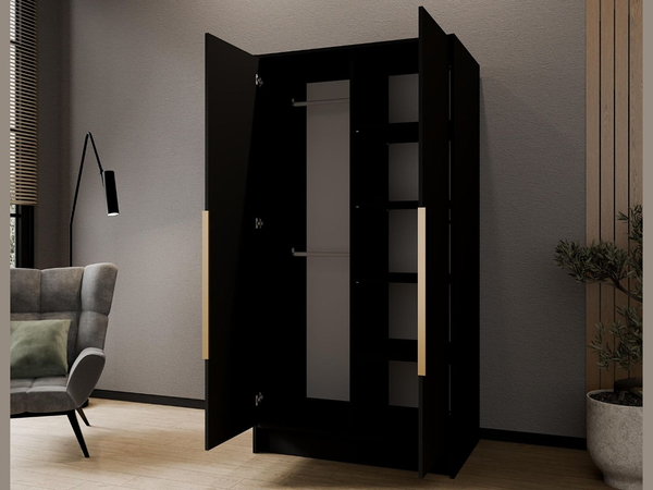 Kleiderschrank mit Spiegel 100 cm Lucca Schwarz mit goldenen Griffen