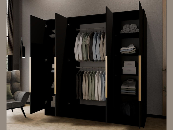 Kleiderschrank 200 cm Perugia Schwarz mit goldenen Griffen