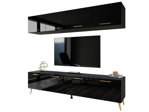 Wohnwand für das Wohnzimmer auf Goldenen Metallbeinen Noaé Schwarz Hochglanz