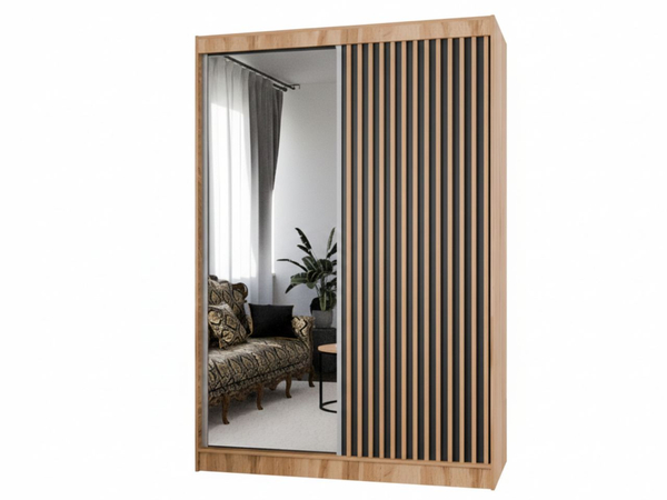 Schiebetürenschrank mit Spiegel und Lamellen 150 cm Loreto Handwerk Goldene Eiche, Schwarz